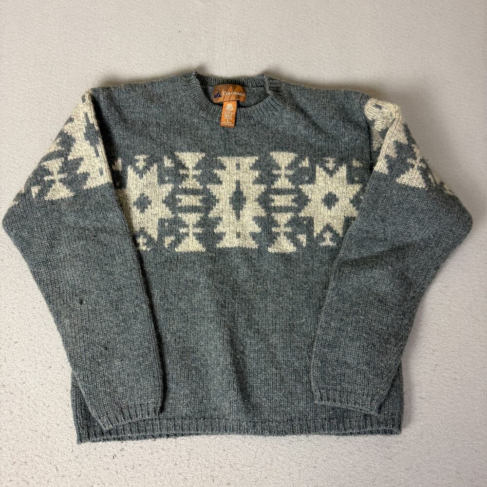 Colorado 100% Pure New Wool Sweater Small Gray Southwestern Geometric Crewneck